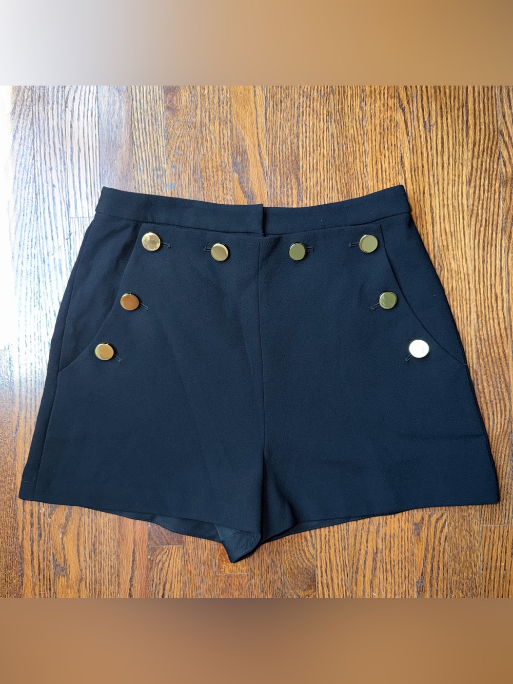 INTERMIX Black High-Waist Sailor Shorts with Gold Buttons